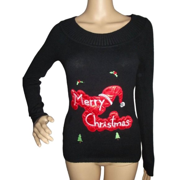 Merry Christmas Sweater Size Small Black red Santa Claus hat tree holly - Picture 1 of 9